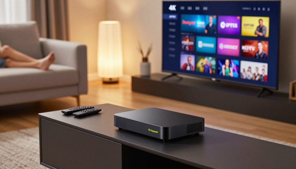 A clean and modern living room scene featuring an Nvidia Shield streaming device prominently displayed on a sleek entertainment center. In the foreground, a 4K TV screen showcases the Iboplayer interface, highlighting various IPTV app options in vibrant colors. The middle ground includes a cozy couch with a couple of remote controls resting on the arm, inviting viewers to indulge in home entertainment. In the background, soft ambient lighting emanates from stylish lamps, creating a warm and welcoming atmosphere. The overall mood is relaxed and inviting, suggesting a perfect space for casual viewing. Capture the scene from a slightly elevated angle to provide a comprehensive view of the setup. The lighting should be soft and diffused to enhance the cozy feel without harsh shadows.