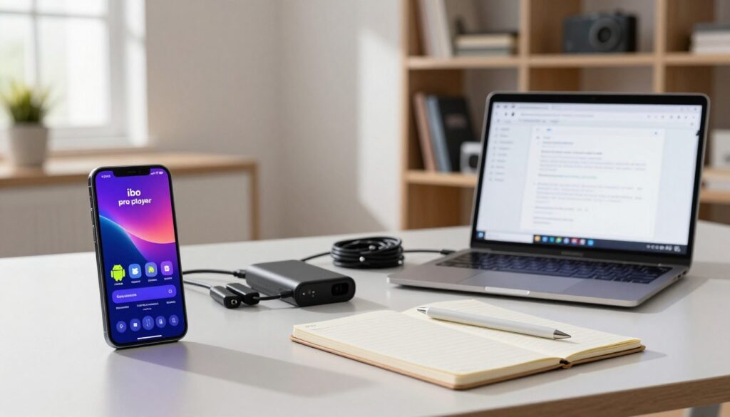 A clean and organized workspace showcasing essential "ibo pro player" supplies for Android installation. The foreground features a sleek smartphone with a vibrant screen displaying the ibo interface. Beside it, an open laptop with detailed documentation and a notepad, with a neatly arranged array of cables, a power bank, and a stylus. In the middle, a well-lit room emphasizes a focused atmosphere, with soft natural lighting coming through a window, casting gentle shadows. The background contains blurred shelves filled with tech books and gadgets, adding depth. The overall mood is professional and preparation-oriented, highlighting the importance of having the right tools. No people are present, ensuring clear visibility of the items.