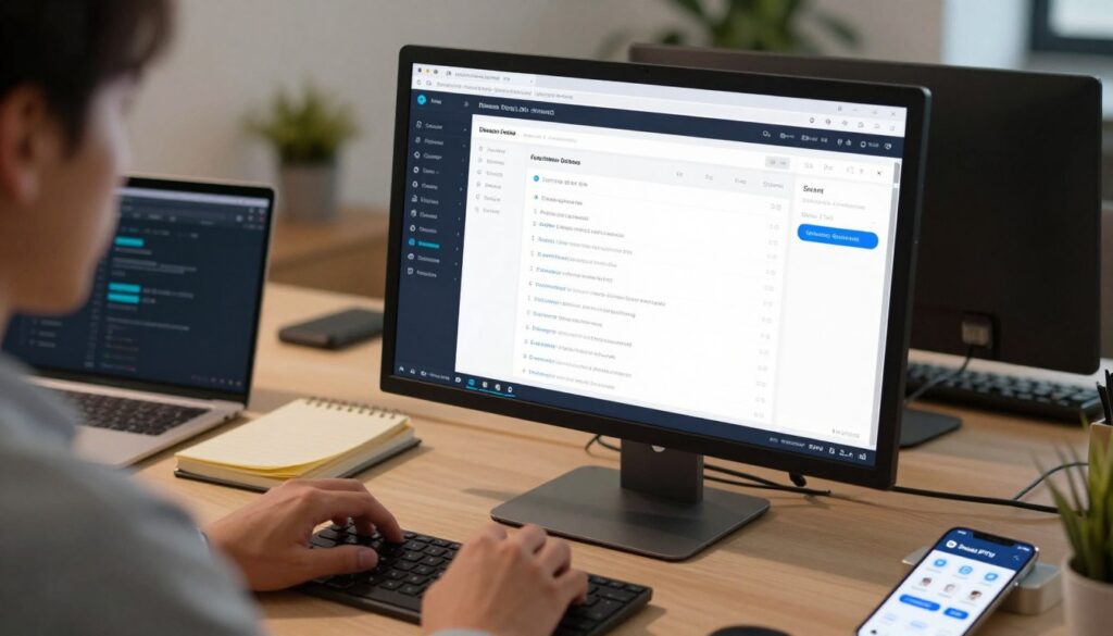 A close-up view of a computer screen displaying a professional Xtream Codes configuration interface with clearly labeled fields and menus. In the foreground, a person in business casual attire focuses on setting up channel configurations, illuminated by soft, warm lighting. The middle ground features a semi-cluttered desk with a laptop, notepads, and a smartphone showing the Smart IPTV app. The background includes a modern office setting with minimalistic decor and a hint of potted plants, creating a productive atmosphere. The overall mood is focused and tech-savvy, with a sense of collaboration and innovation. The image should have a realistic style, sharp detail, and balanced composition, ensuring that it remains professional and informative.