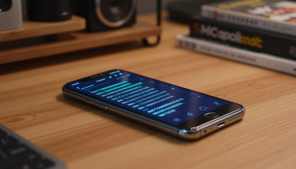 A close-up view of a digital device screen displaying a MAC address, integrated into a modern smartphone interface. The foreground showcases the vibrant display with clear, legible characters of the MAC address format, neatly arranged in a stylish UI. In the middle, a sleek Android smartphone is resting on a wooden desk, with soft shadows cast by ambient lighting, giving a cozy and professional atmosphere. The background features blurred shelves with tech gadgets and books, hinting at a tech-savvy environment. The scene is lit with warm, diffused lighting to evoke a sense of calm and focus, shot from a slightly elevated angle to capture both the device and the surrounding context effectively.