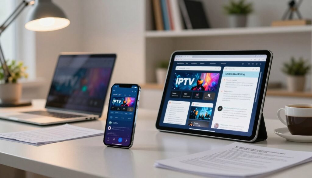 A close-up view of a modern workspace featuring an iPhone and iPad displaying an IPTV streaming interface, surrounded by troubleshooting guides and technical tips. In the foreground, the devices show vibrant, clear screens with an active IPTV app open. The middle layer includes a clean desk setup, with a laptop, notes, and a cup of coffee, suggesting a productive atmosphere. The background softly blurs, featuring a well-lit room with shelves of tech books and a subtle hint of greenery from a potted plant, enhancing the serene, focused mood. The lighting is warm and inviting, emanating from a desk lamp, creating a professional yet comfortable environment perfect for installation tips.