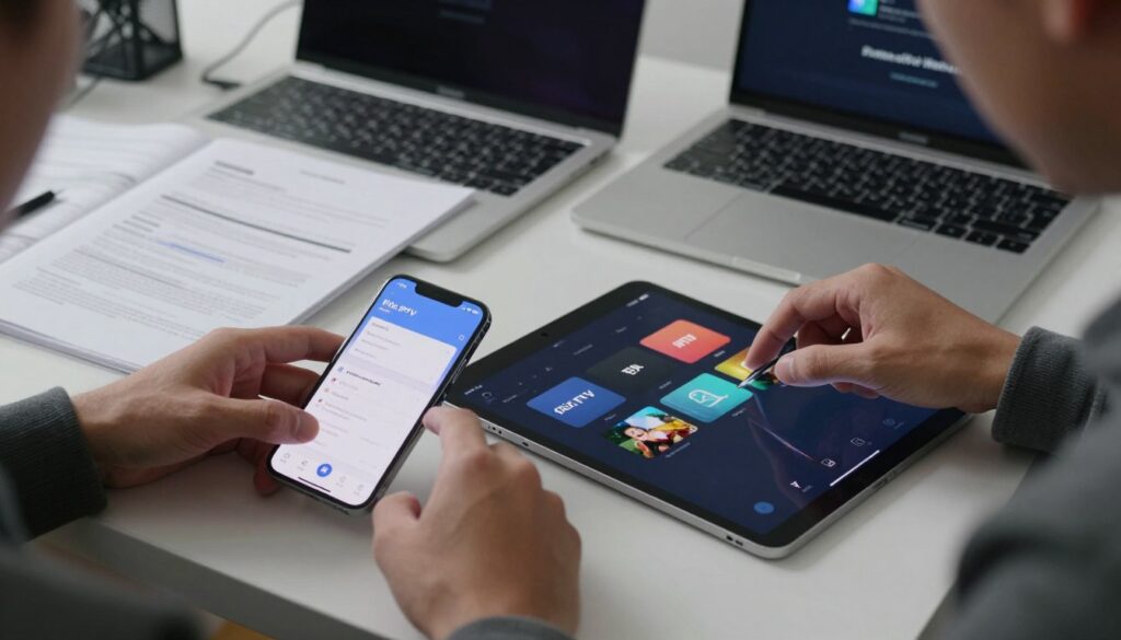 A close-up view of a professional-looking iPhone and iPad placed on a sleek modern desk, displaying the Flix IPTV installation screen. In the foreground, a pair of hands wearing smart casual attire are adjusting the settings on one of the devices, conveying a sense of troubleshooting and problem-solving. In the middle ground, a laptop is open with notes and technical guides scattered around, showing a process of installation assistance. The background features a neatly organized workspace, with soft, diffused lighting creating a calm and focused atmosphere. The entire scene captures an air of professionalism and support, ideal for illustrating problem-solving during the Flix IPTV installation process.
