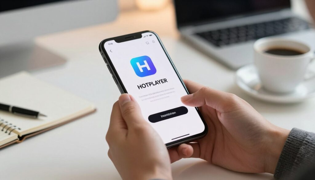 A close-up view of a smartphone displaying the HOTPLAYER app installation interface, prominently featuring the app's icon and installation button. In the foreground, a pair of hands in professional attire gently navigate the screen, showcasing a smooth touch interaction. The middle layer includes a subtle desk surface, decorated with a notepad and a cup of coffee to create a casual, yet focused atmosphere. The background is softly blurred, revealing a modern workspace with a warm ambient light, emphasizing a productive setting. The image captures a sense of clarity and intention, inviting viewers to engage with the installation process. The lighting is bright and even, creating a welcoming mood without any distractions.