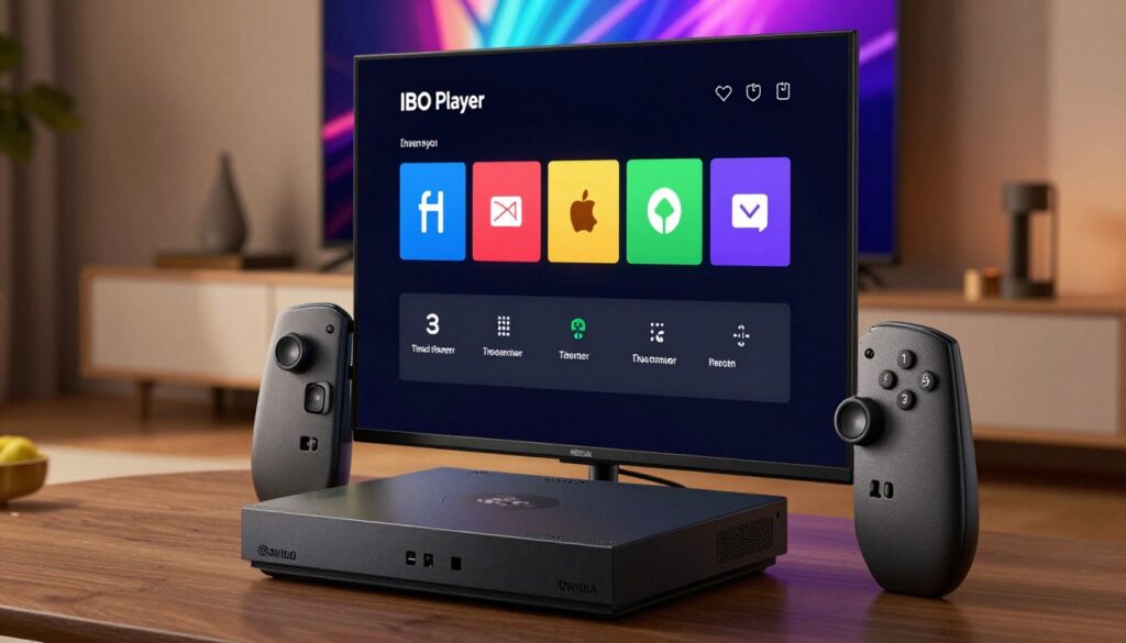 A close-up view of an Nvidia Shield displaying the IBO Player activation screen in a modern living room setting. The foreground features the Nvidia Shield console with its sleek design and a TV remote beside it, both illuminated by soft, warm lighting. In the middle ground, the television screen shows a vibrant IBO Player interface, highlighting colorful app icons and system settings. The background includes a stylish entertainment center and subtle decorative elements, creating a cozy yet sophisticated atmosphere. The angle is slightly elevated, capturing the screen's clarity and detail. The overall mood is inviting and tech-savvy, perfect for illustrating a step-by-step installation and configuration guide.
