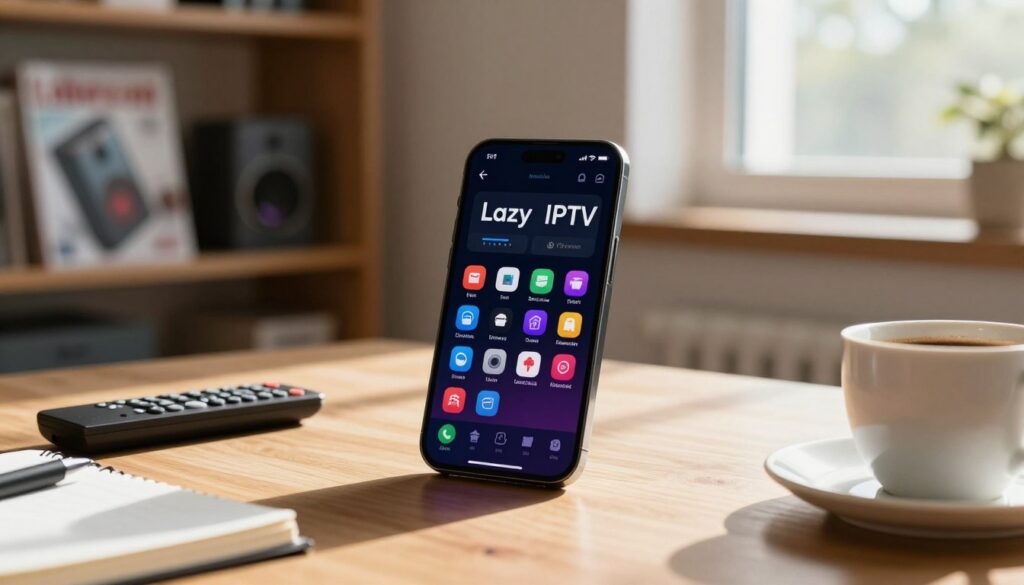 A cozy home office setting featuring an Android smartphone displaying the Lazy IPTV app on its screen, brightly lit by natural sunlight streaming through a window. In the foreground, a wooden desk holds the phone alongside a remote control, notepad, and a cup of coffee. The middle layer showcases a clear view of the smartphone with vibrant app icons visible, emphasizing a user-friendly interface. The background subtly includes a bookshelf filled with tech magazines and gadgets, creating a tech-savvy atmosphere. The mood is inviting and informative, reflecting a step-by-step guide to setting up IPTV, with a focus on clarity and organization. Soft shadows are cast, adding depth to the composition.