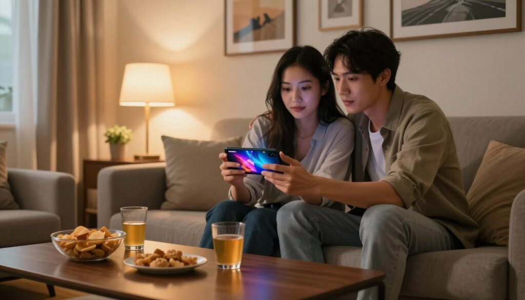 A cozy living room setting featuring a couple comfortably watching IPTV content on a sleek Android smartphone. In the foreground, a stylish coffee table with snacks and drinks gives a relaxed vibe. The middle ground showcases the couple, dressed in casual but neat clothing, focused on the smartphone screen, which displays vibrant, colorful content. Soft, warm lighting emanates from a nearby lamp, creating an inviting atmosphere. The background reveals a well-decorated wall with framed art, enhancing the homely feel. The composition emphasizes the concept of optimizing the IPTV viewing experience, highlighting engagement and enjoyment in a serene environment. The scene should evoke a sense of relaxation and modern technology at play.