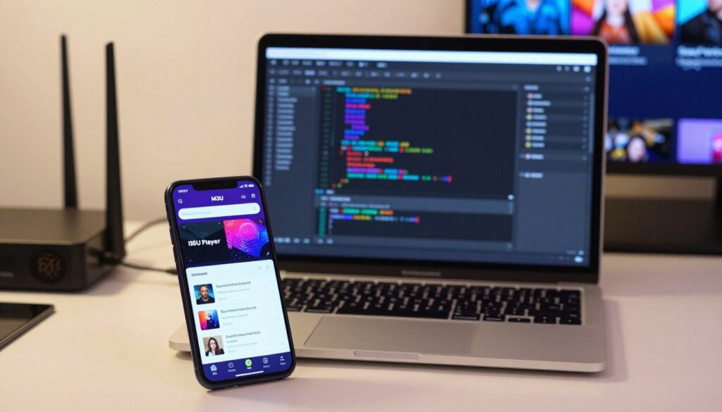 A detailed and organized workspace showcasing the configuration of an M3U playlist. In the foreground, a sleek smartphone running the IBO Player app displaying a vibrant interface showing playlist options. The middle ground features a modern laptop with an open window of a text editor or an M3U file, displaying lines of code with colors highlighting different attributes. In the background, soft-focused equipment like routers and a TV tuned to a streaming service, suggesting an IPTV setup. The lighting is bright and inviting, highlighting the technology with a warm glow. The overall atmosphere conveys a sense of innovation and ease of use, ideal for users configuring their IPTV experiences.