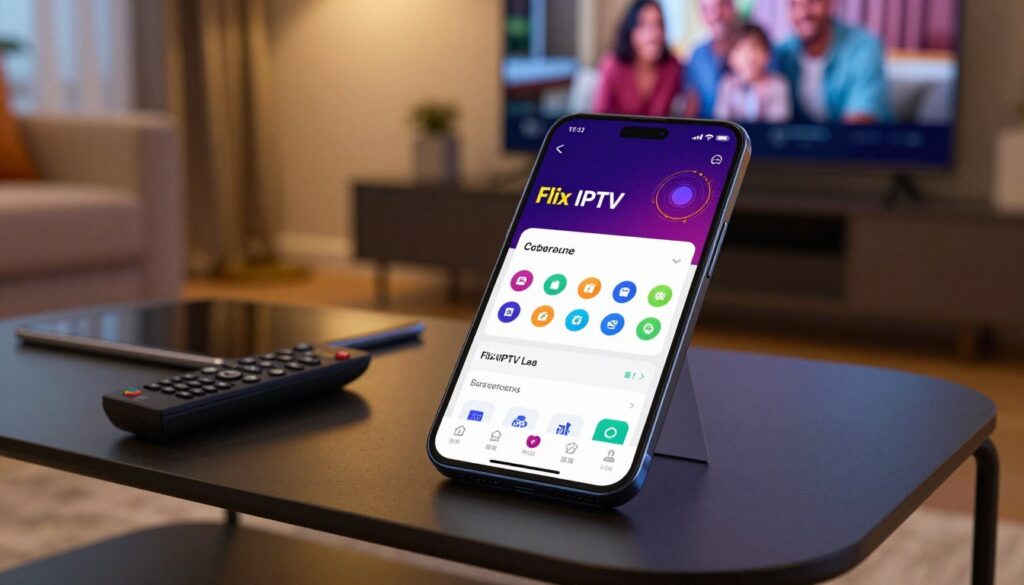 A detailed and visually appealing scene depicting the configuration settings of Flix IPTV on an Android device. In the foreground, a modern smartphone displays the Flix IPTV app open on the settings page, with vibrant colors and icons. The middle ground features a stylish coffee table with a remote control and gadgets like a tablet, reflecting a cozy living room atmosphere. In the background, soft lighting creates a relaxed environment, with a blurred TV screen showcasing a family watching content together. The overall mood conveys convenience and modern technology, emphasizing accessibility and ease of setup. Use warm lighting and a slightly elevated angle to enhance the inviting feel of the scene.