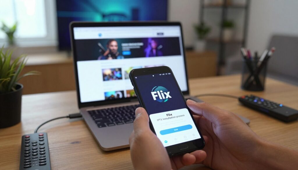 A detailed scene depicting the "Flix IPTV installation process" on an Android smartphone. In the foreground, a close-up of a hands holding a smartphone with the Flix IPTV app open, displaying its logo prominently. The middle layer shows a computer desk with an open laptop displaying a tutorial webpage, surrounded by tech gadgets like an HDMI cable and a remote control. The background features a cozy living room setup, with a large smart TV and soft, ambient lighting that sets a welcoming mood. Use natural daylight filtering through a window to enhance the ambiance. Capture the intricate details of the smartphone screen and ensure a modern, sleek aesthetic that emphasizes technology and convenience. No text, watermarks, or distractions in the image.