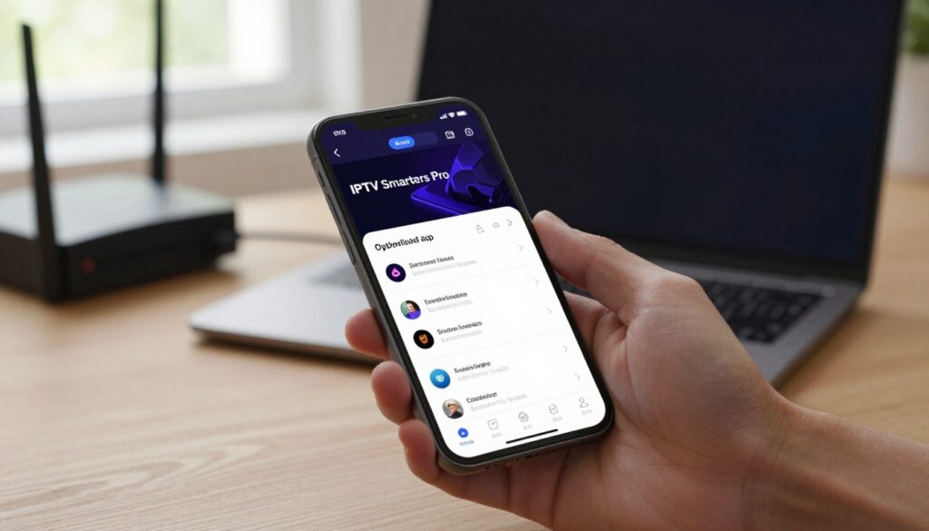 A detailed scene depicting the optimalisatie app-instellingen for IPTV Smarters Pro on a smartphone screen. The foreground features a hand holding a modern smartphone, showcasing the app's user-friendly interface with various settings highlighted clearly. In the middle ground, a sleek workspace with a laptop, internet router, and cables indicates a tech-savvy environment. The background includes softly blurred elements like a bright window with natural light filtering in, enhancing a warm and inviting atmosphere. The scene is illuminated with soft, even lighting, creating a professional and organized mood. Capture the focus on the smartphone while maintaining a tidy and contemporary aesthetic, avoiding any distractions or excessive details surrounding the main subject.