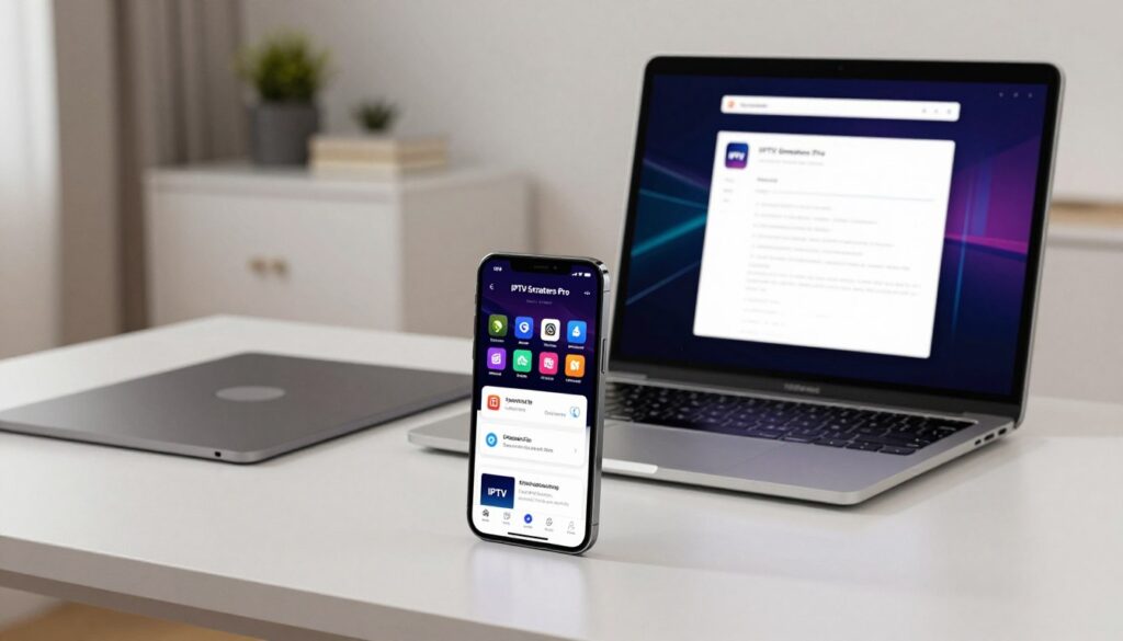 A detailed setup scene depicting the installation process for IPTV Smarters Pro on an iOS device, featuring a modern, sleek iPhone and iPad on a clean, minimalist desk. In the foreground, the devices display the IPTV Smarters Pro application open on the screen, showing vibrant icons and a user-friendly interface. The middle ground includes a laptop with an installation guide on the screen, emphasizing a tech-savvy environment. The background captures a softly lit room with neutral colors and subtle decorations, creating an inviting and informative atmosphere. The lighting is bright yet soft, highlighting the devices and ensuring clarity. The scene conveys a sense of ease and professionalism, suitable for a tutorial on tech installation.