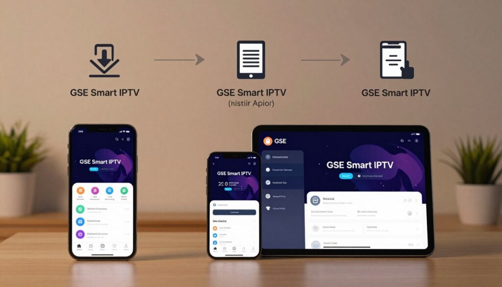 A detailed step-by-step installation guide for GSE Smart IPTV depicted as an infographic. In the foreground, showcase an iPhone and iPad displaying the GSE Smart IPTV app interface. The middle ground features numbered installation steps with clear icons representing actions like downloading, logging in, and configuring settings. Use a soft, warm lighting that enhances the clarity of the screens and creates a welcoming atmosphere. The background should include a neat workspace with a desk, and perhaps a small plant for a touch of color, conveying organization and a tech-savvy setting. The overall mood is professional and informative, intended for readers looking for guidance on installation. No text or captions in the image.