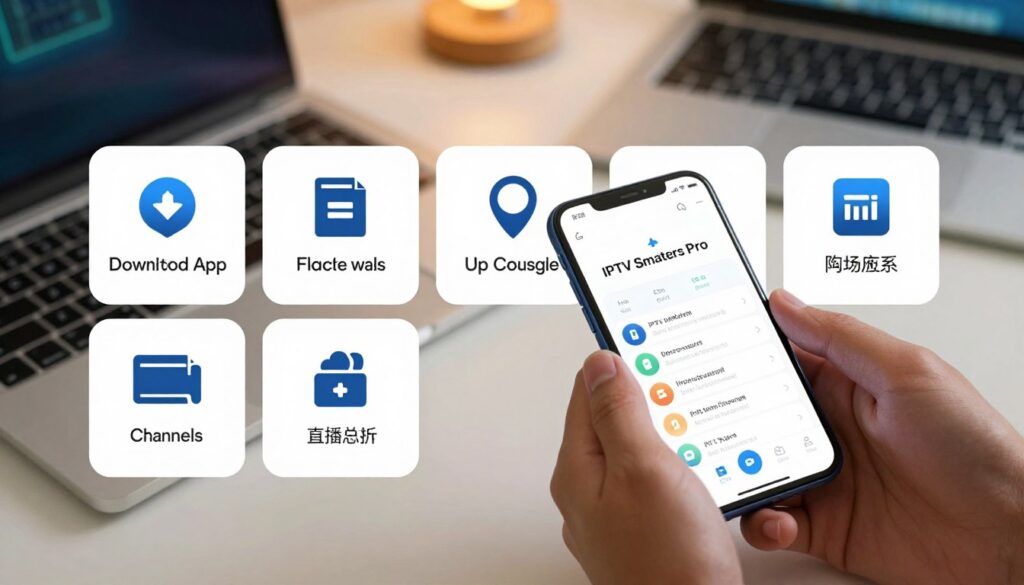 A detailed step-by-step installation guide for IPTV Smarters Pro on a smartphone, depicted as a series of clearly defined panels arranged in a visually appealing layout. In the foreground, focus on a modern Android smartphone, hands gently holding it to showcase the user interface of the IPTV Smarters app. In the middle, illustrate clear instructions with visually distinct icons representing each installation step, such as downloading the app, setting up the account, and selecting channels, all with intuitive symbols. The background should feature a softly lit desktop setting, perhaps with a clean workspace and a laptop in the scene, to convey a tech-savvy atmosphere. Use warm ambient lighting to create an inviting mood, shot from a slightly elevated angle to enhance clarity and engagement, ensuring the image is professional and easy to understand.