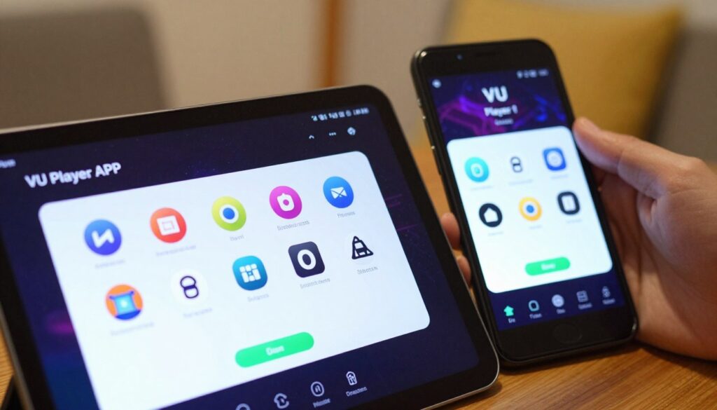 A detailed tablet screen displaying the installation interface of the VU Player APK on an Android device. In the foreground, a close-up of the tablet with vibrant app icons and a prominent installation button highlighted. The middle ground features an open smartphone next to the tablet, showcasing the same installation process. The background includes a cozy home setting with soft lighting, indicating a relaxed atmosphere. A subtle bokeh effect emphasizes the foreground while leaving the background slightly blurred. The angle is slightly tilted, giving a dynamic view of both devices. The mood is tech-savvy yet approachable, perfect for readers looking to easily install the app.