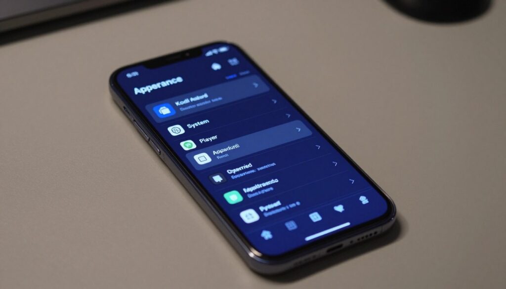 A detailed view of the Kodi Android settings menu displayed on a smartphone screen, showing various configuration options like “Appearance,” “System,” and “Player” clearly labeled. The foreground features a sleek, modern Android smartphone positioned at a slight angle to capture the vibrant user interface. In the middle, the settings menu is illuminated with a soft blue glow, emphasizing the sleek design elements. In the background, a simple, uncluttered desk surface with muted tones keeps the focus on the device. The lighting is soft and diffused to provide a professional atmosphere, with a slightly blurred effect creating depth of field. The mood is informative and inviting, suitable for tech enthusiasts exploring Kodi configuration options.