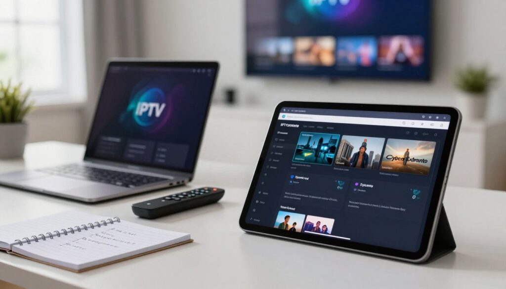 A modern and clean workspace showcasing the steps to configure an IPTV playlist. In the foreground, a sleek tablet displaying the IPTV Extreme app interface with visible playlist options and settings. In the middle, an organized desk with a laptop, smart remote, and a notepad with neatly written steps. The background features a well-lit room with a large screen displaying IPTV channels and a calming ambience created by soft, natural light filtering through a window. Use a shallow depth of field to focus on the tablet, giving a sense of clarity and purpose. The atmosphere should be professional, conveying a sense of efficiency and technology.