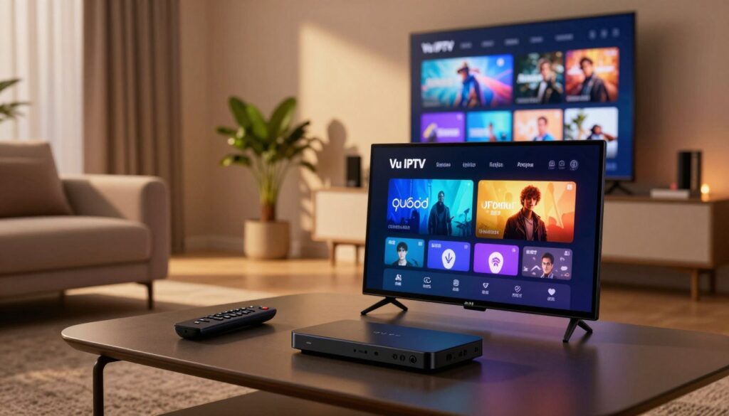 A modern digital home entertainment setup featuring the Vu IPTV Player interface prominently displayed on a high-resolution Nvidia Shield screen. In the foreground, a sleek black remote lies next to a stylish coffee table, and a soft glow from ambient lighting casts subtle shadows. The middle layer showcases a living room environment, with minimalistic decor, an inviting couch, and a potted plant that adds a touch of greenery. The background highlights a flat-screen TV mounted on the wall, displaying a vibrant IPTV menu filled with channels. The atmosphere should evoke a sense of comfort and tech-savvy enjoyment, with warm lighting enhancing the inviting atmosphere. Capture the scene from a slightly angled perspective, simulating a user’s point of view while maintaining a calm, sophisticated vibe.
