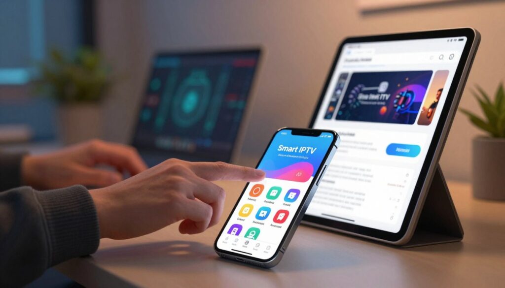 A modern digital illustration depicting the installation process of the Smart IPTV app on an iPhone and iPad. In the foreground, a close-up view of an iPhone and iPad displaying the Smart IPTV app interface with colorful app icons. The middle layer features hands of a user, dressed in smart casual attire, navigating the app store, tapping the install button. The background shows a softly lit room, with a sleek desk setup incorporating elements like a laptop and a plant, creating a tech-savvy atmosphere. The lighting is warm and inviting, with a slight focus on the screens to emphasize the installation process. The overall mood is informative and engaging, perfect for guiding users through app installation.