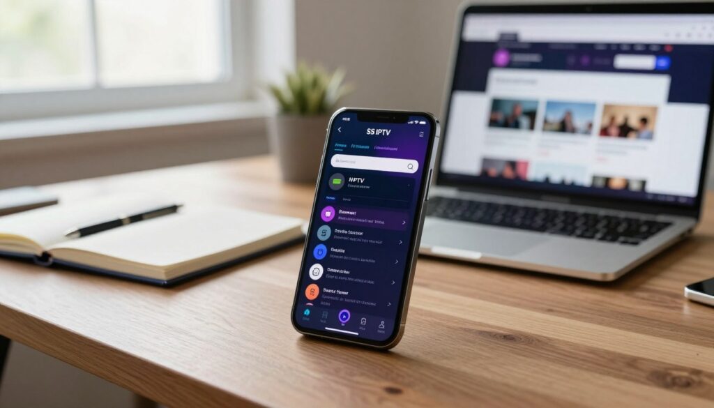 A modern digital workspace featuring an Android smartphone on a sleek wooden desk, displaying the SS IPTV playlist configuration interface. In the foreground, focus on the smartphone, showcasing a vibrant, user-friendly UI with clear playlist options and icons. The middle ground includes a neatly organized notebook and a laptop with an open web browser displaying tutorial resources. In the background, soft, natural light streams through a window, illuminating the space and creating a calm, professional atmosphere. Use a shallow depth of field to emphasize the phone while keeping the surrounding items slightly blurred. The overall mood is focused and engaging, ideal for depicting the process of managing IPTV playlists effectively.