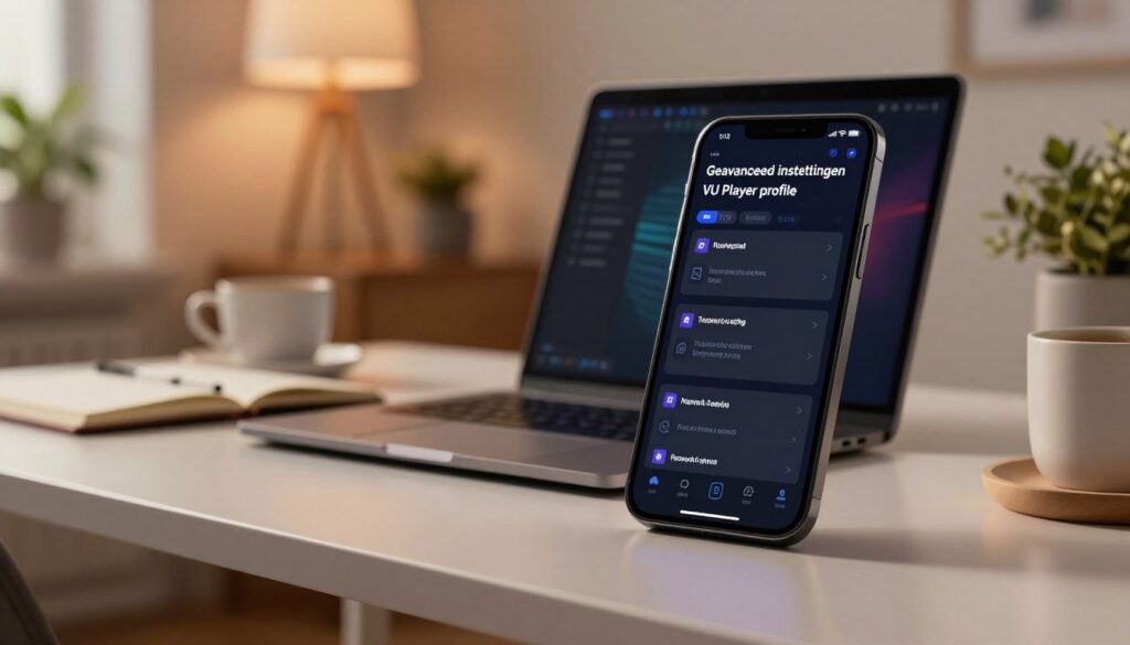 A modern digital workspace showcasing the "Geavanceerde instellingen VU Player profile" on a high-resolution smartphone screen. In the foreground, the smartphone displays a detailed user interface of VU Player with advanced settings highlighted, featuring options for troubleshooting and network configuration. The middle layer includes a stylish, minimalistic desk with a sleek laptop, an open notebook, and a cup of coffee, all suggesting a productive environment. The background is softly blurred, revealing a cozy room with warm ambient lighting and a subtle hint of greenery from potted plants. The atmosphere is calm and professional, with soft shadows and a slight depth of field, creating a focused and inviting vibe for tech enthusiasts.