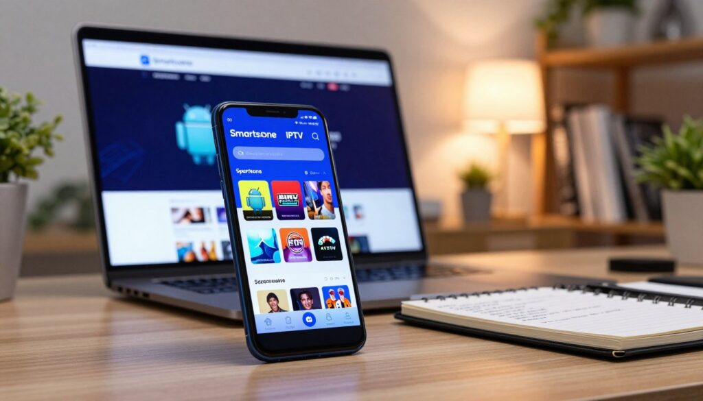 A modern home office setting featuring an Android smartphone displaying the Smartone IPTV app on its screen, positioned prominently in the foreground. The smartphone is sleek and black, reflecting the soft blue light from the app interface, with vibrant colors representing various IPTV channels. In the middle ground, there is a stylish laptop opened with the Smartone website on it, alongside a notebook with configurations and personalization notes. The background showcases a cozy workspace with plants, a warm lamp casting a gentle light, and a blurred bookshelf filled with tech guides, creating a focused yet inviting atmosphere. Use soft, natural lighting to enhance the professional and tech-savvy mood of the scene, shot from a slightly elevated angle to capture all details clearly.