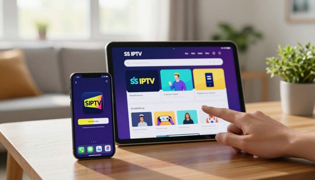 A modern iPhone and iPad on a sleek wooden desk, displaying the SS IPTV app installation screen, with bright, engaging visuals showcasing the app interface. In the foreground, the devices are placed centrally, with a user's hand gently touching the screen, indicating interaction. The middle layer features a subtle reflection of a sunlit window, adding a warm glow to the scene, creating an inviting atmosphere. In the background, there are soft-focus elements like a cozy living room setting with a couch and a potted plant, enhancing the homey vibe. The lighting is natural and bright, capturing the essence of modern technology in a comfortable environment. The overall mood is friendly, informative, and professional, perfect for a tech installation guide.