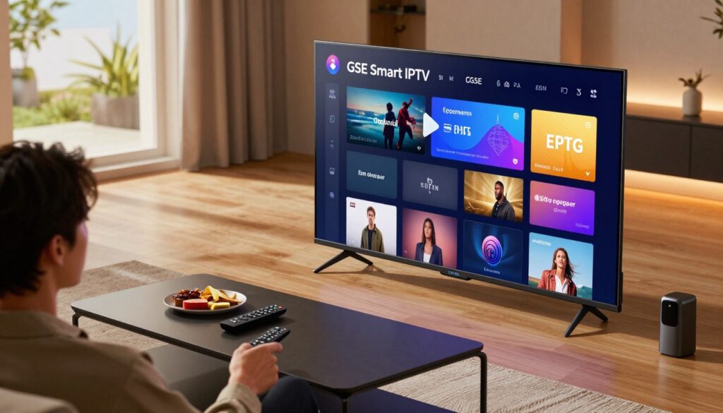 A modern living room setting featuring a sleek Android device showcasing the GSE Smart IPTV interface on a large flat-screen TV. In the foreground, a person dressed in smart casual attire, focused on navigating through the EPG (Electronic Program Guide) features. The middle section includes a stylish coffee table with remote controls and snacks, with a warm ambient light creating a cozy atmosphere. In the background, a window reveals a sunny day outside, enhancing the relaxed mood. The overall lighting is soft, highlighting the screen's vibrant colors and the clarity of the EPG interface. The angle is slightly angled from above, providing a dynamic view of the scene while keeping the focus on the IPTV experience.