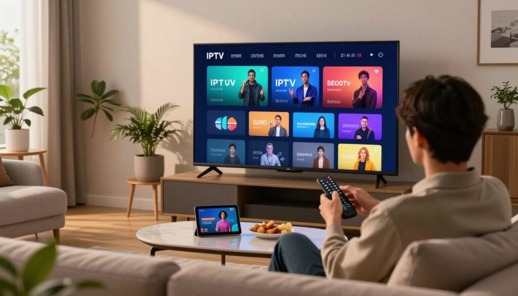 A modern living room setting with a sleek, flat-screen TV prominently displaying an IPTV interface on the screen, showcasing rich colors and neatly organized options. In the foreground, a cozy couch with a person in business casual attire, intently navigating through the IPTV menu using a remote, illuminated by soft, warm lighting. Surrounding the scene, potted plants and a stylish coffee table with a tablet and snacks create a homely atmosphere. The background reveals a serene window view with soft natural light streaming in, enhancing the upbeat yet relaxed mood. Capture the essence of an enhanced IPTV experience with a cinematic angle that emphasizes the engaging interaction between user and technology.