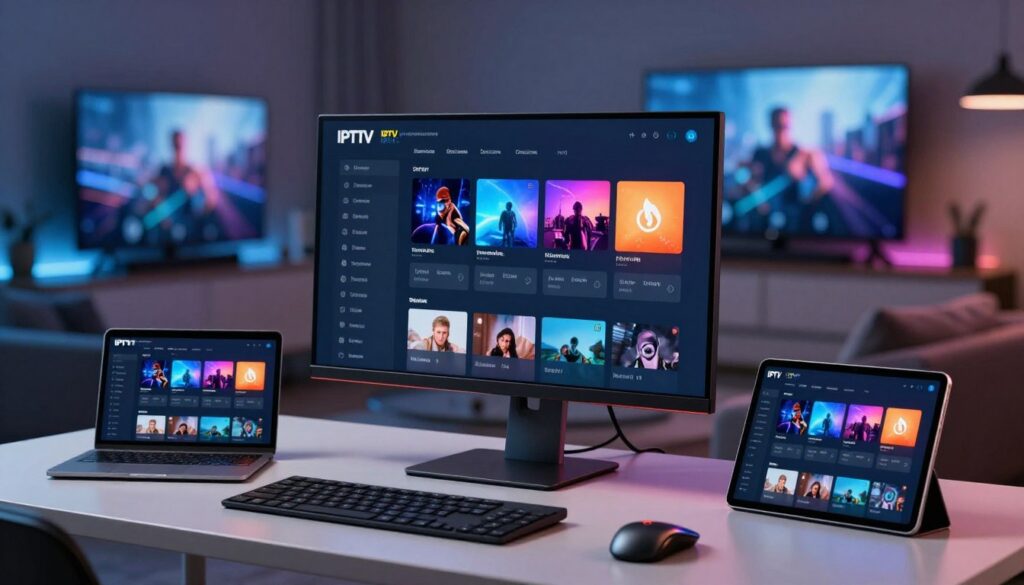 A modern, sleek digital workspace showcasing IPTV playlists integration. In the foreground, display a high-resolution monitor with a user-friendly IPTV interface featuring colorful playlist icons and categories. Next to the monitor, include a tablet displaying the same interface, suggesting cross-device compatibility. In the middle ground, show a well-organized desk with a laptop, notepads, and digital tools, all illuminated by soft, ambient lighting that creates a professional yet inviting atmosphere. The background features a blurred image of a high-tech living room equipped with a smart TV, hinting at IPTV content consumption in a home setting. The overall mood should be modern and tech-savvy, emphasizing innovation and connectivity in IPTV services.