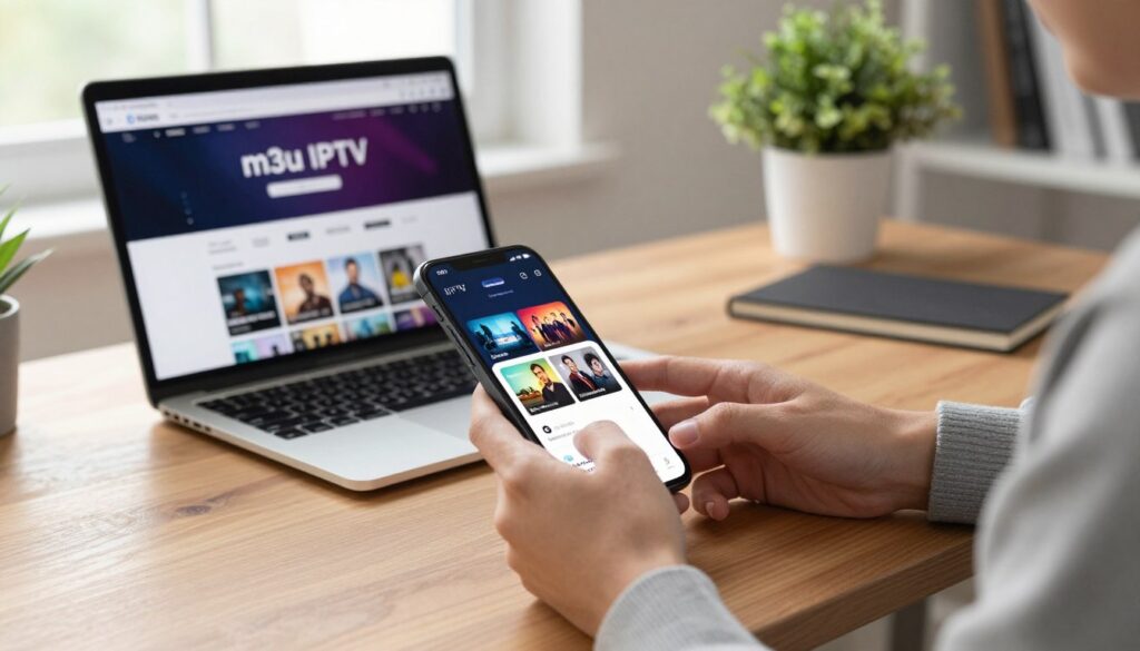 A modern, sleek iPhone displaying an IPTV app interface, situated on a polished wooden desk. The phone screen shows vibrant thumbnails of TV shows and channels, emphasizing the ease of navigation. In the foreground, a person's hands, dressed in smart casual attire, are carefully tapping on the app, showcasing the installation process. The middle ground includes a laptop open with a tutorial website about m3u IPTV players. Soft, natural light streams through a nearby window, creating a warm and inviting atmosphere. In the background, a minimalist workspace with some green plants adds a touch of tranquility, emphasizing a professional and organized environment focused on technology and connectivity. The overall mood is efficient and informative, highlighting the steps to install the IPTV app smoothly.