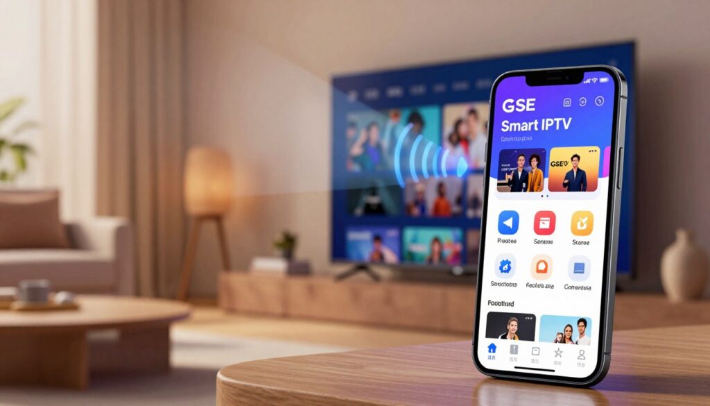 A modern, sleek illustration showcasing the functionalities of GSE Smart IPTV casting. In the foreground, a stylish iPhone displaying the GSE Smart IPTV app interface with vibrant colors, featuring playback controls and channel options. Surrounding the phone are icons representing various streaming services, reflecting the app's compatibility. In the middle, a setup with a smart TV casting content wirelessly from the iPhone, with dynamic signal transmission lines indicating connectivity. In the background, a cozy living room setting, softly lit with warm ambient light to create an inviting atmosphere, emphasizing the convenience and modernity of IPTV solutions. The angle should capture the interaction between the devices, highlighting the seamless integration of technology in everyday life.