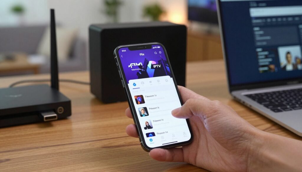 A modern, sleek interface of the Flix IPTV configuration settings displayed on a bright iPhone screen, prominently showcased in the foreground. The iPhone is surrounded by carefully organized tech gadgets, such as a router, HDMI cable, and a laptop, all set on a wooden desk for a tech-savvy atmosphere. In the middle ground, a blurred device setup guides viewers to understand the context of installation. The background features soft-focus elements of an inviting living room with ambient lighting, creating a cozy yet professional feel. The overall mood is confident and instructive, capturing the essence of setting up an IPTV service. The lighting is natural, with highlights focused on the iPhone screen, and the angle is slightly above eye level, giving an engaging perspective of the setup process.