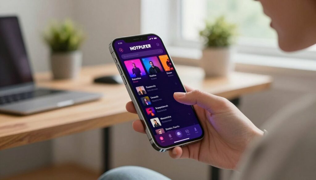 A modern smartphone interface displaying the "HOTPLAYER" playlist configuration on a sleek, anodized silver smartphone. The foreground features the device held by a person in a smart casual outfit, who is tapping on the screen with a focused expression. The middle section showcases a vivid display of the HOTPLAYER app, highlighting the playlist management features with colorful music album covers and sleek navigation buttons. In the background, a soft-focus home office environment with a wooden desk, potted plants, and natural light streaming through a window, creating a warm and inviting atmosphere. The overall mood is tech-savvy and professional, with a hint of creativity, captured from an angle that emphasizes both the phone and the user's interaction with the app. The image is bright and vibrant, showcasing an engaging user experience.