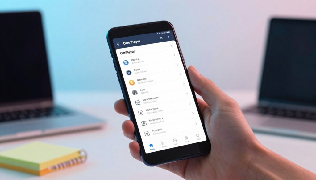 A modern, user-friendly interface of the OttPlayer playlist configuration, displayed on a sleek Android smartphone. The foreground showcases the phone held in a professional hand, with the screen brightly lit, revealing a clean layout of customization options, including playlist entries, network settings, and a status indicator. In the middle ground, a softly blurred workspace is visible, including a laptop and a colorful notepad, exuding a tech-savvy atmosphere. The background features a subtle gradient of soft blues and whites to convey a tech-forward, calming feel. The lighting is well-balanced with a hint of ambient glow highlighting the device, creating a professional yet inviting vibe for users interested in media integration.