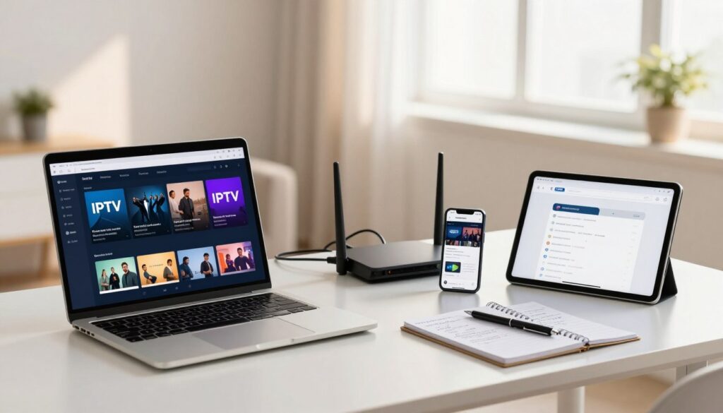 A modern workspace featuring essential IPTV service preparation tools. In the foreground, a sleek desk with a laptop displaying an IPTV interface, a smartphone showing a streaming application, and a tablet with installation instructions. Beside them, a notepad with handwritten notes and a pen. In the middle, a compact router and various cables neatly organized. The background displays a softly lit room with a large window allowing natural light to flood in, creating a warm and inviting atmosphere. The scene embodies focus and organization, with a subtle bokeh effect enhancing depth. The overall mood is professional and productive, perfect for illustrating technology setup in a clean, minimalist style.