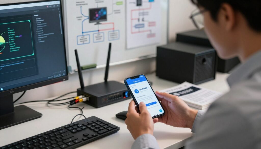 A professional tech support setting focused on IPTV troubleshooting. In the foreground, a technician in business attire is examining a smartphone, showcasing the Iptvnator app interface, highlighting a problem with connectivity. The middle section features a computer desk cluttered with tools like Ethernet cables, routers, and a guidebook, creating an organized yet active environment. The background shows a whiteboard filled with diagrams and troubleshooting flowcharts related to IPTV setup, enhancing the technical atmosphere. Soft, warm lighting illuminates the scene, casting gentle reflections on the devices. The angle is slightly elevated, giving a comprehensive view of the workspace while maintaining a focused atmosphere conducive to support and problem-solving. The overall mood is professional and proactive, ideal for addressing installation issues.