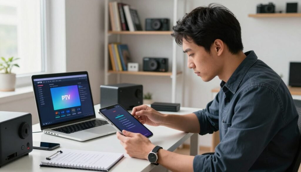 A professional technician troubleshooting IPTV problems on a sleek iPhone or iPad in a modern home office. The technician, dressed in smart casual attire, is seated at a desk with a focused expression, surrounded by digital devices and IPTV setup guides. In the foreground, the technician is holding the device, with a screen displaying an error message. The middle ground features a laptop open with various IPTV software interfaces visible, along with a notepad with key troubleshooting steps. The bright, natural light illuminates the room, creating an inviting atmosphere. The background includes a wall-mounted shelf filled with tech books and gadgets, emphasizing a tech-savvy environment. The overall mood is professional and solution-oriented, highlighting the theme of resolving common IPTV issues effectively.