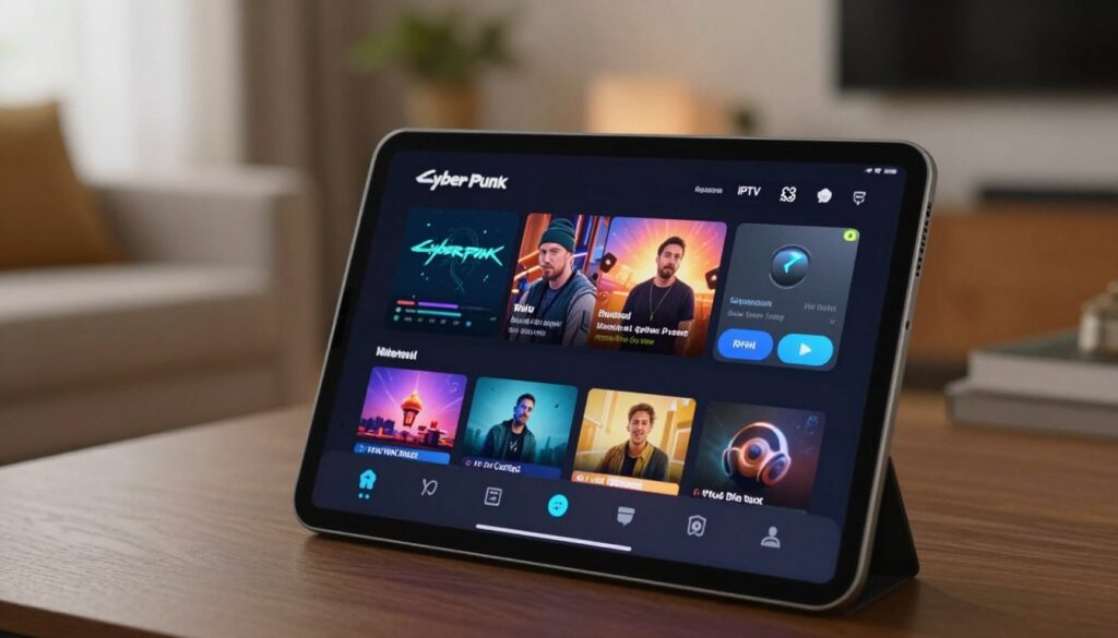 A sleek IPTV configuration screen displayed prominently in the foreground, showcasing an intuitive user interface with vibrant icons and navigation menus. The middle ground features a modern tablet device, perhaps an iPad, with the IPTV app open, highlighting streaming options and video quality settings. In the background, a softly blurred living room setting with warm ambient lighting creates a cozy atmosphere, suggesting a home entertainment environment. The overall mood is engaging and tech-savvy, emphasizing ease of use and accessibility. The scene is captured from a slightly elevated angle to focus on the screen's details, using natural light to enhance colors and clarity. No people or text are present.