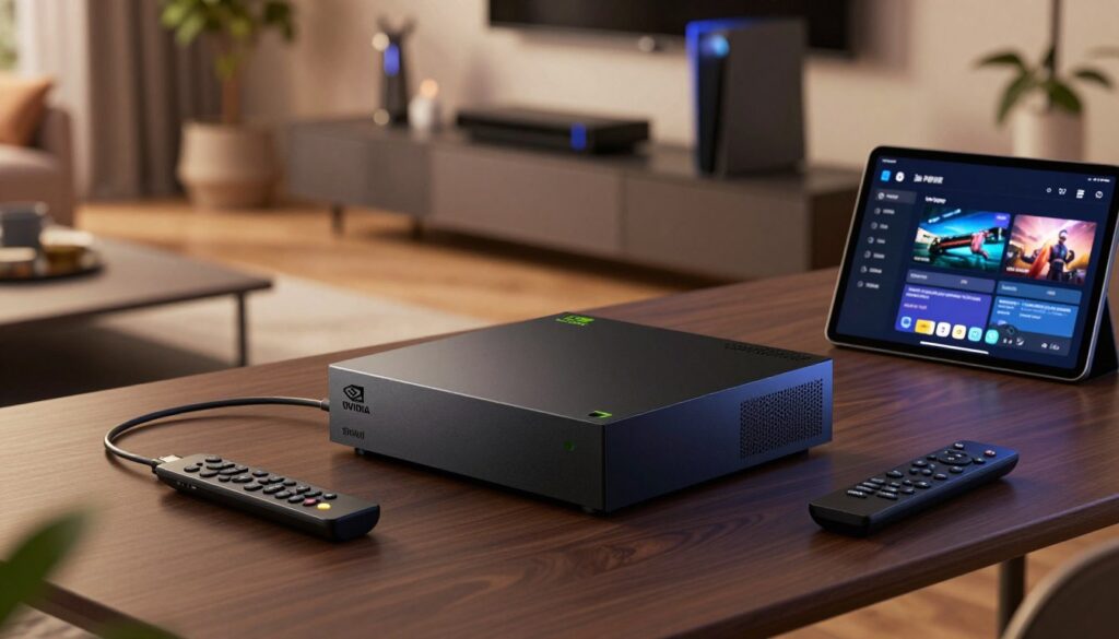 A sleek NVIDIA Shield console prominently positioned on a stylish, modern living room table. Surrounding it are essential preparation items: a remote, an HDMI cable, and a tablet displaying the VU Player interface. The foreground includes detailed textures of the console and accessories, emphasized with soft, warm lighting to create an inviting atmosphere. In the middle ground, a well-organized entertainment center showcases other tech gadgets, sleek and contemporary in design. The background reveals a cozy living room setting with subtle hints of décor, like soft cushions and a small plant, contributing to a homely feel. The angle is slightly overhead, capturing the essence of preparation for a seamless installation process, with tranquil yet focused energy in the scene.