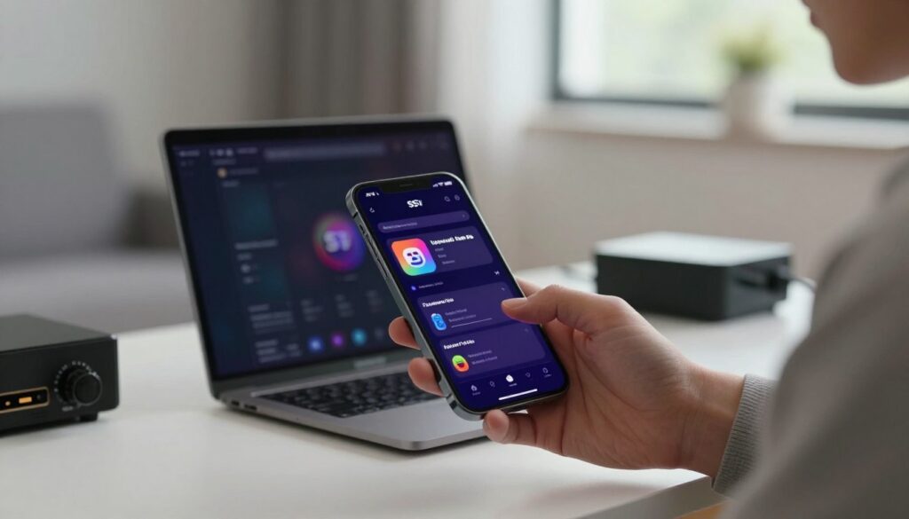 A sleek and modern iOS device displaying the SS IPTV app configuration screen, showcasing vibrant, intuitive user interface elements. In the foreground, focus on the iPhone held by a professional in modest casual clothing, attentively adjusting settings on the app. In the middle ground, include a well-organized workspace with a laptop and various networking devices, symbolizing IPTV connectivity. The background should be a soft-focus, contemporary living room with ambient natural light pouring in through a window, creating a calm and focused atmosphere. The overall mood is professional yet approachable, emphasizing technology and user-friendliness without clutter.