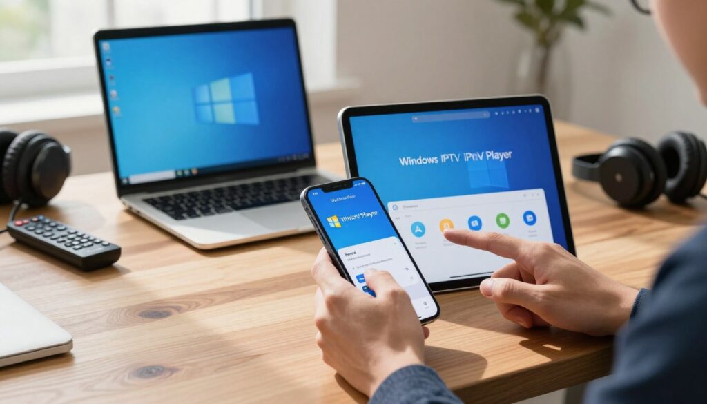 A sleek, modern iPhone and iPad displayed side by side on a wooden table, each with the Windows IPTV Player app interface visible on their screens. In the foreground, a pair of hands, dressed in smart casual attire, gently touch the screen of the iPhone, demonstrating the installation process. In the middle background, a softly lit workspace with a laptop showing the Windows operating system, and a few tech gadgets like a remote control and headphones scattered around, adding to the theme. The setting is bright and inviting, with natural light streaming in from a nearby window, casting gentle shadows that enhance the overall clarity of the image. The atmosphere is focused and professional, capturing the essence of technology and usability.