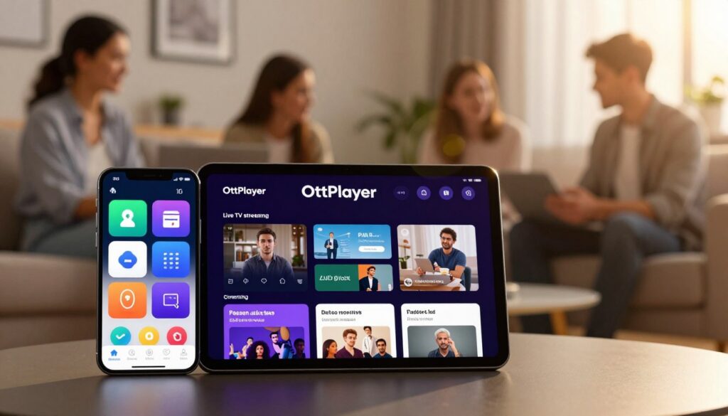 A sleek, modern interface of the OttPlayer app displayed on an iPhone and iPad, showcasing key features like live TV streaming, user-friendly navigation, and personalized playlists. The foreground features the devices prominently, with bright, vivid icons representing various functionalities like parental controls, cloud storage, and multiple protocol support. In the middle ground, blurred silhouettes of users interact with the apps, dressed in professional casual attire, suggesting a collaborative environment. The background is a soft-focus of a contemporary living room with warm lighting that conveys a cozy yet tech-savvy atmosphere. A subtle lens flare adds a dynamic touch, enhancing the feeling of innovation and ease-of-use that OttPlayer represents.