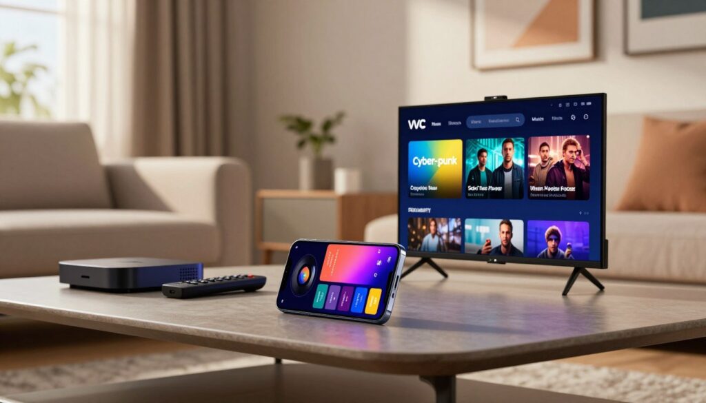 A sleek modern living room setup featuring a smartphone with the VLC Media Player open, displaying IPTV content. In the foreground, the phone is positioned on a stylish coffee table, with a cozy couch in the background. To the side, a subtle array of streaming devices such as a smart box and remote controls. Soft daylight filters through a window, casting gentle shadows and creating a warm, inviting atmosphere. The walls are adorned with minimalist art that complements the techy yet homey feel. The lens captures a medium angle that focuses on the phone, bringing out the vibrant colors of the IPTV interface while maintaining a clean and organized environment.