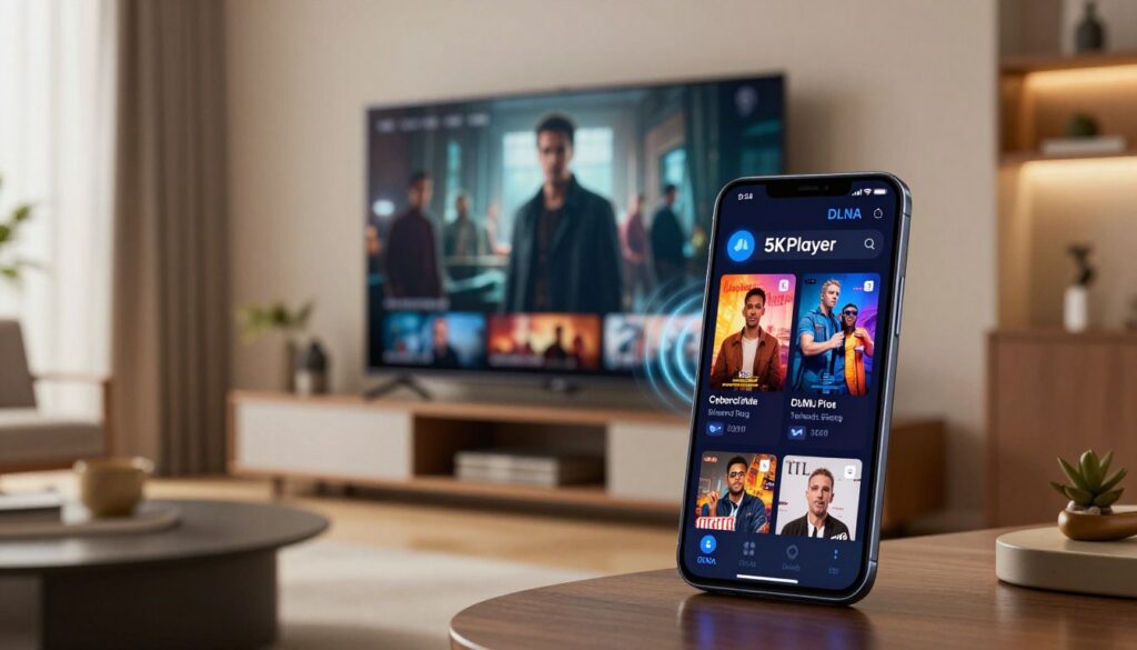 A sleek modern living room showcasing a smartphone wirelessly streaming content via DLNA with 5KPlayer. In the foreground, a close-up of a stylish Android smartphone is displayed, with the 5KPlayer interface visible, showcasing vibrant media options. In the middle, a high-definition TV seamlessly shows a movie in crisp detail, with wireless signals indicated by soft glowing lines that represent the streaming connection. The background features contemporary furniture, warm lighting that creates a cozy atmosphere, and subtle decorative elements. The composition emphasizes technology and convenience, with a focus on the harmony between devices. The scene is well-lit, using natural light from a nearby window, creating an inviting and modern mood.