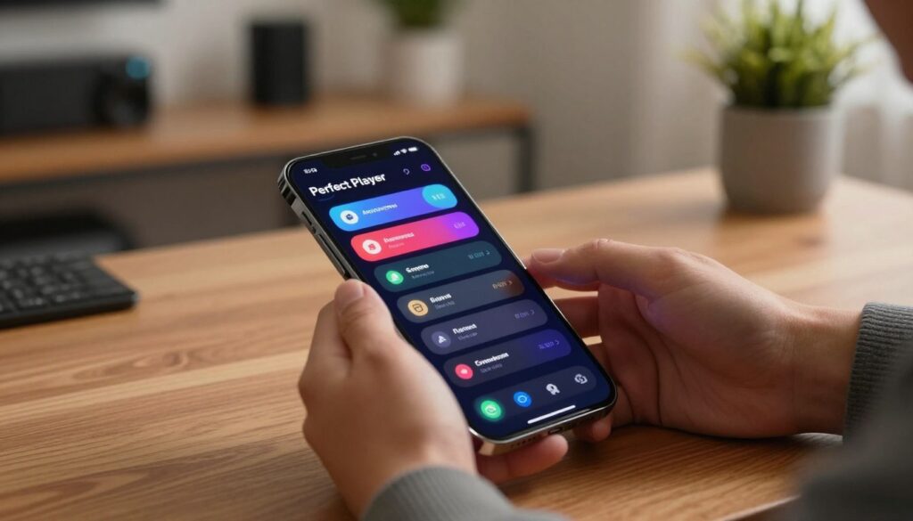 A sleek, modern smartphone resting on a wooden desk, displaying the "Perfect Player" application interface with the advanced settings section opened. The screen showcases various optimization options with vibrant colors and sharp icons, reflecting a high-tech aesthetic. In the foreground, a pair of hands, dressed in smart casual attire, is interacting with the device, tapping the display. The middle ground features a subtle blur of a cozy living room with soft lighting, creating a warm and inviting atmosphere. The background showcases a shelf with tech gadgets and a potted plant, enhancing the home office vibe. The lighting is soft and diffused, casting gentle shadows, while the camera angle is slightly tilted for a dynamic perspective.