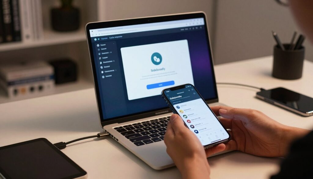 A sleek, modern workspace featuring a laptop open to display the Cydia Impactor and Sideloadly installation interfaces on the screen. In the foreground, a pair of hands holding a smartphone, focused on the installation process, showcasing a clear view of the iOS interface. The middle layer captures a clean desk adorned with technical paraphernalia, including a few USB cables and a tablet, with gentle ambient lighting illuminating the scene. The background subtly features a blurred bookshelf filled with tech manuals and gadgets, creating a professional atmosphere. The overall mood is one of concentration and focus, with warm light casting soft shadows, emphasizing the process of sideloading apps on iOS devices.
