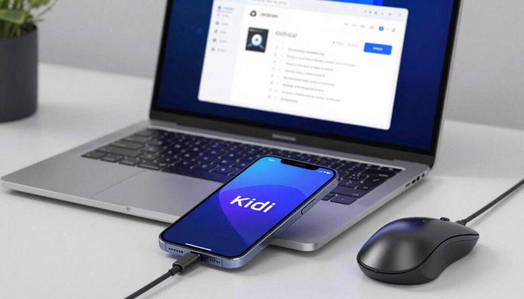 A sleek setup showing essential software for installing Kodi on an iOS device. In the foreground, an iPhone with the Kodi logo prominently displayed on the screen, surrounded by modern tech accessories like USB cables and a wireless mouse. In the middle, a laptop with a user-friendly interface for the Kodi installation process, complete with visible software options and system requirements. The background features a clean, minimalistic workspace with soft, ambient lighting, highlighting a sense of organization and preparation. The mood should be professional and inviting, emphasizing a tech-savvy atmosphere, ideal for guiding users through the installation process. Capture a close-up angle to focus on the devices and software interface without any text overlays or distractions.