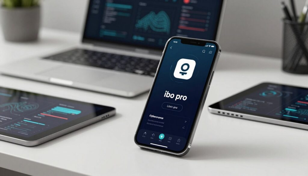 A smartphone displaying the ibo pro application installed on its home screen, prominently featured in the foreground. The phone is positioned on a clean, modern desk alongside a tablet and some technical documentation, emphasizing a tech-savvy environment. In the middle background, a blurred laptop can be seen, creating an office feel without detracting from the phone's focus. Soft, natural lighting illuminates the scene, casting gentle shadows, while a slight angle captures the phone's screen clearly. The mood is professional and informative, suggesting a user-friendly installation experience. The overall atmosphere conveys a sense of accomplishment and readiness to engage with the software.