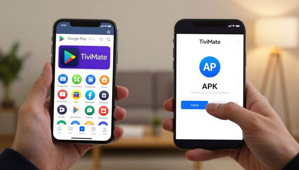 A visually engaging comparison between two installation methods for TiviMate, depicted in a side-by-side layout. On the left, showcase a smartphone displaying the Google Play Store interface, complete with vibrant app icons and the TiviMate app highlighted prominently. On the right, illustrate an APK file download screen, emphasizing a seamless installation process with a distinguishable APK icon. In the foreground, include a pair of hands in professional business attire engaging with the phone, creating a focus on the user experience. The background should be a softly blurred home or office setting with warm lighting to evoke an inviting atmosphere, and ensure there are no text overlays or branding elements.