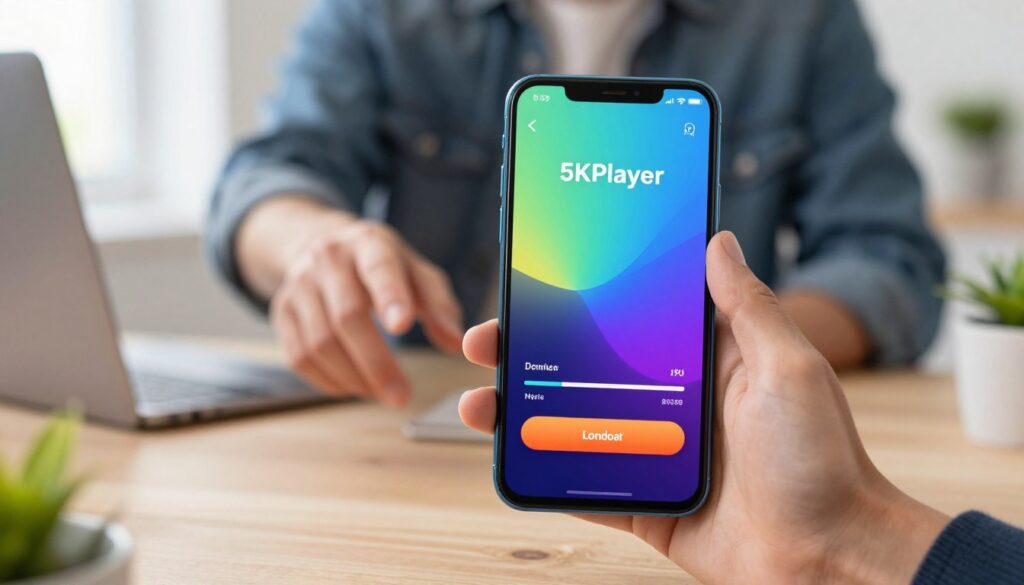 A visually engaging digital illustration depicting the download and installation process of 5KPlayer on an Android smartphone. In the foreground, a close-up of a sleek smartphone shows the 5KPlayer interface with vibrant colors, emphasizing the download button and installation progress bar. The middle layer features a subtle hand reaching towards the phone, showcasing a person in a smart casual outfit, representing an average user. The background includes a light, modern workspace with a blurred computer and a potted plant, conveying a tech-savvy atmosphere. Soft, natural lighting illuminates the scene, creating a warm, inviting mood. The focus is on the smartphone and its screen, with a clear, professional aesthetic throughout.